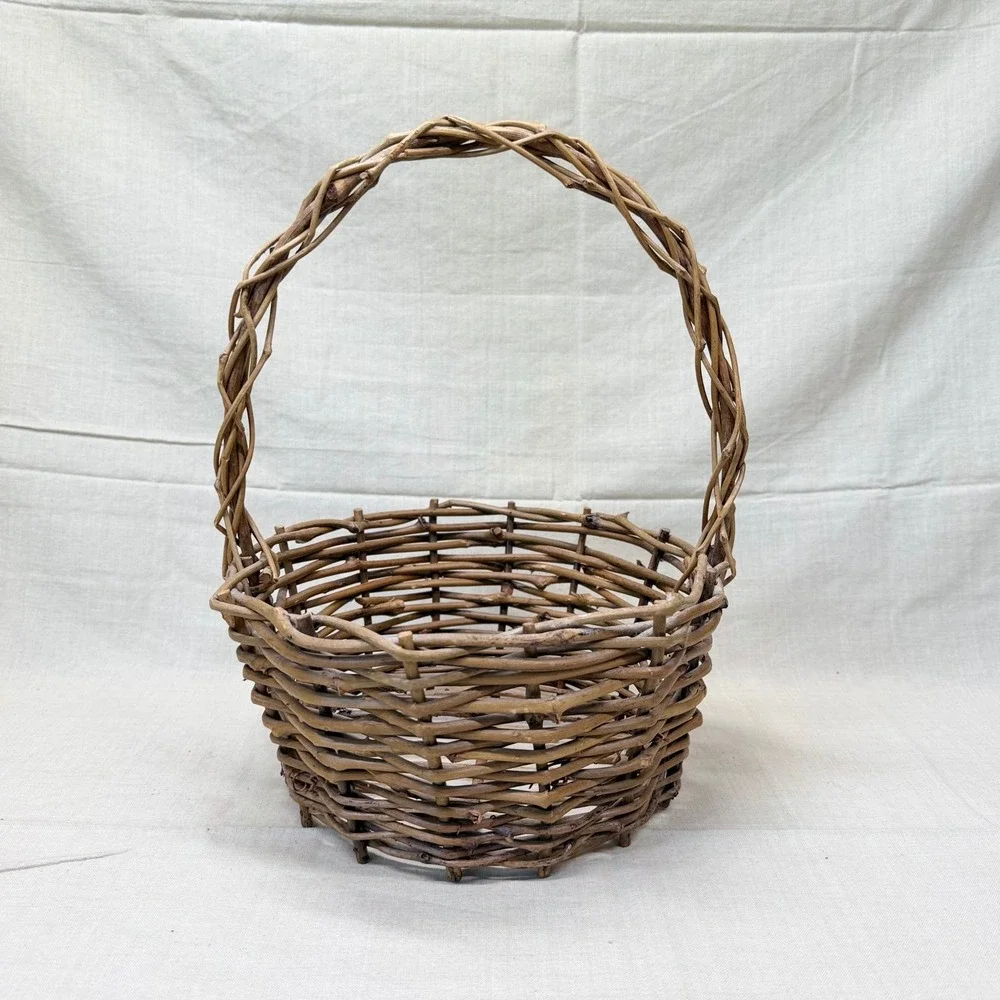 Rustic Woven Willow Branch Gathering Basket with Twisted Handle Brown Wood 1970s